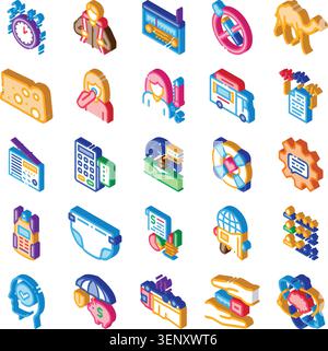 Colorful isometric icons depict a variety of concepts including time management, business, health, technology, finance, and support, offering a broad Stock Vector