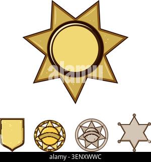 Assorted collection of golden and silver badges depicting various designs for police, security, and authority symbols, providing versatile graphic ele Stock Vector
