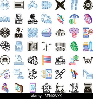 Variety of flat, doodle, and isometric style icons illustrating different business concepts, technology, urban lifestyle, nature, health, and daily ac Stock Vector