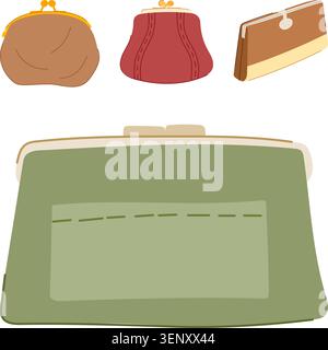 Variety of classic wallet and purse designs displaying different shapes, clasp types, and colors, illustrating concepts of finance, shopping, and acce Stock Vector