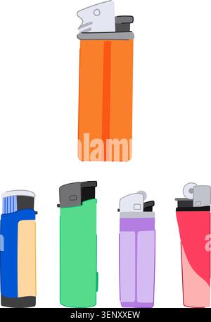 Five brightly colored disposable lighters, including orange, blue, green, purple, and red, arranged on a clean white background, creating a ready to u Stock Vector
