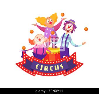 Circus Clowns. Happy clown characters juggle balls on circus stage with bright banner and funny faces vector illustration set Stock Vector