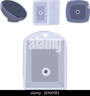 Collection of contemporary kitchen and bathroom sinks illustrating various designs and shapes for domestic plumbing fixtures and home renovation or in Stock Vector