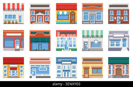 Pixel art city buildings. Old school computer graphic, 8 bit retro games assets, small town houses, facades shops and stores, street architecture Stock Vector