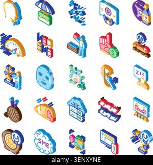 Isometric icon set developing various concepts including data science, production, automation, analytics, business, and digital technology on a white Stock Vector