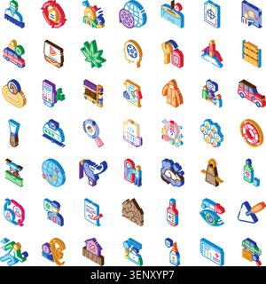 Diverse collection of isometric icons representing various concepts, services, occupations, and objects across different professional fields and daily Stock Vector