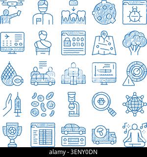 Hand drawn blue doodle style set featuring diverse icons representing business, science, health, technology, sport, transportation, weather, and gener Stock Vector