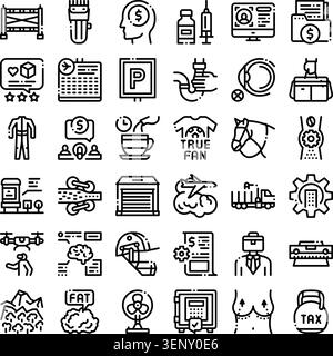 Collection of modern outline icons and pictograms covering business, tech, lifestyle and services for infographics, web and app design, presentations, Stock Vector