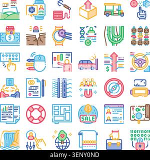 Collection of varied linear icons representing diverse concepts including technology. Business. Travel. Health. Finance. And education. Illustrating a Stock Vector
