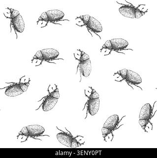 seamless pattern larva chafer hand drawn. soil grub, lawn silhouette, garden summer larva chafer black sketch illustration Stock Vector