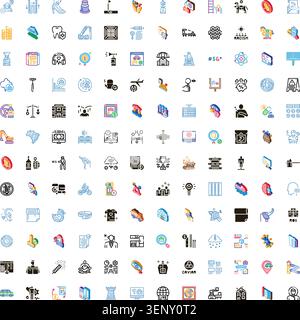 Set of assorted glyph, outline, gradient, and isometric icons for business, technology, finance, travel, and health, illustrating a wide range of ever Stock Vector