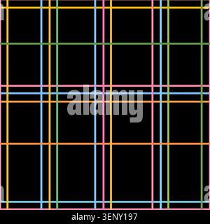 Seamless plaid pattern with colorful intersecting lines on black background. Repeating geometric design suitable for fabric, apparel, stationery, wrap Stock Photo