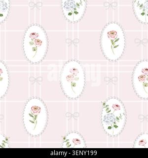 Seamless pattern combining floral cameo ovals, bows and soft plaid lines on light pink background. Repeating watercolor design for fabric, girls appar Stock Photo