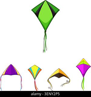 Collection of various colorful kites in different shapes and sizes creating a cheerful visual representing childhood play, outdoor fun, and wind activ Stock Vector