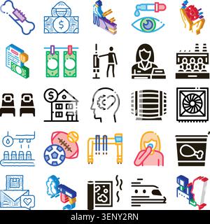 Conceptual collection representing various aspects of health, finance, industry, money, technology, law, transportation, and sport, illustrating moder Stock Vector