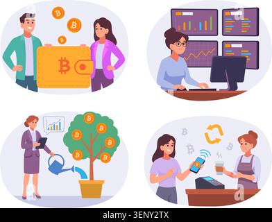 Crypto Mining. Business vector scenes with bitcoin mining laptops charts and crypto workers in modern exact illustration Stock Vector