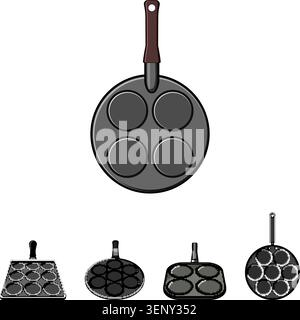 Set of various mini multi mold pans and skillets for preparing small homemade breakfasts and baked bites, collection of kitchen cookware and utensils Stock Vector