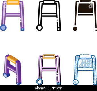 Walker Orthopedic Equipment With Rollers Vector Icon Thin Line. Orthopedic And Trauma Rehabilitation, Belt variations And Wheelchair Concept Linear Pi Stock Vector