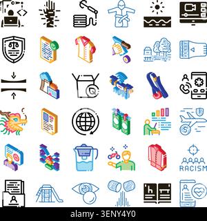 Set of assorted glyph and isometric icons illustrating various concepts from business, technology, justice, environment, health, and social issues, pr Stock Vector