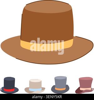 Different style top hats featuring a classic brown fedora above and four varying colored bowler and cylinder hats below, illustrating fashion and acce Stock Vector