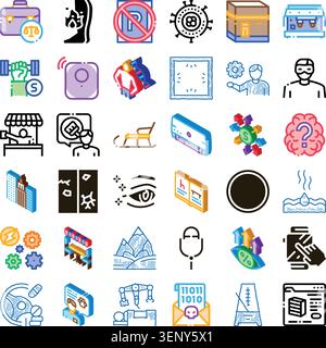 Set of various conceptual icons illustrating themes related to law, finance, medical care, artificial intelligence, security, education, and digital c Stock Vector