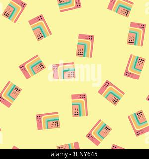 pattern retro abstract geometric illustration presenting a playful design with pastel colored curved stripes and black dots, evoking a nostalgic 70s a Stock Vector