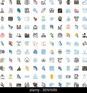 Collection of modern business and technology icons in two color isometric and line art styles, diverse symbols for web, apps, finance, analytics, mark Stock Vector