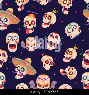 Sugar Skulls. Vector seamless pattern with colorful skull characters hearts sombreros and funny faces on dark background Stock Vector