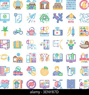 Collecting a diverse range of flat line icons on a white background, symbolizing various concepts across business, medical, technology, food, and natu Stock Vector