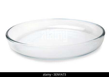 Round glass baking tray on white background Stock Photo