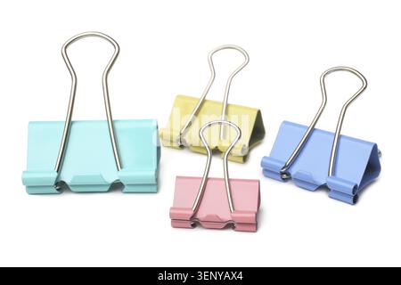 Multicolored paper clips on white background Stock Photo