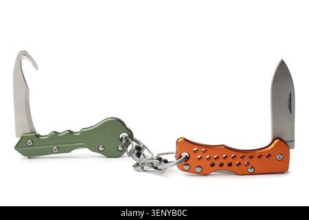 Keychain clasp knifes on white background Stock Photo