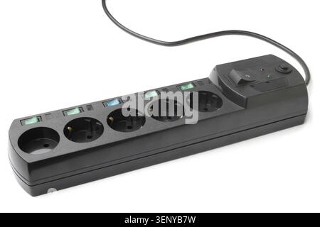 Power bar with built-in surge protector and multiple outlets on white background Stock Photo