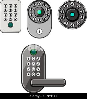 Digital security devices providing secure access control for homes and businesses, featuring keypads, rotary dials, and biometric fingerprint scanning Stock Vector