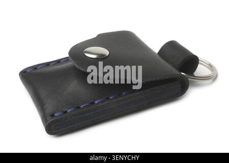 Keychain with leather case on white background Stock Photo