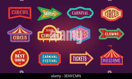 Circus signs. Vector set with carnival labels ticket banners neon frames and retro recent show elements Stock Vector