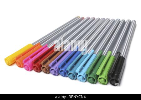 Set of multicolored ball point pens on white background Stock Photo