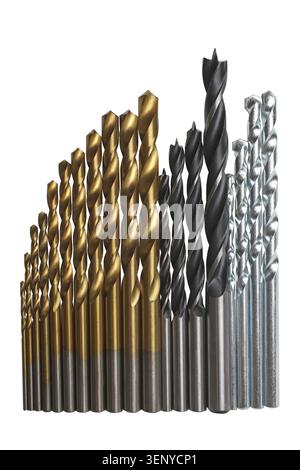 Set of different drill bits isolated on white background Stock Photo