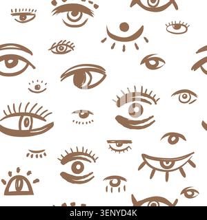 Mystic Eyes. Vector seamless pattern with hand drawn eye symbols abstract shapes and boho doodle elements on light background Stock Vector