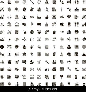 Various black glyph vector icons representing different concepts, objects, and activities for user interface design, applications, and infographics on Stock Vector