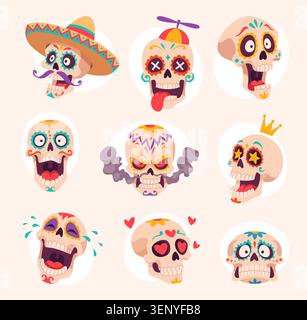 Cartoon skulls. Vector collection of creepy cute skeleton faces with comic expressions and playful exact style Stock Vector