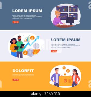 Crypto Banners. Vector finance banners with traders coins charts and bitcoin wallet scenes in modern flat style illustration set Stock Vector