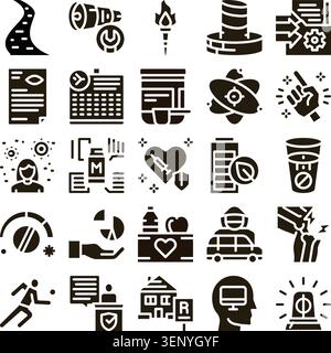 Collection of solid black icons illustrating modern concepts including health, education, business, technology, lifestyle, and security in a grid layo Stock Vector