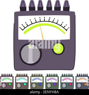 Analog meter with needle, scale and control knob showing power level and energy measurement, vintage style gauge icon for electrical testing, audio or Stock Vector
