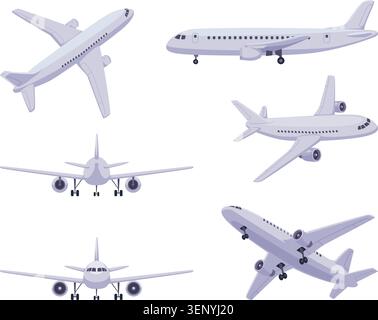 Air Travel. Passenger vector airplanes in different angles with commercial jet aircraft set and blue sky exact collection Stock Vector