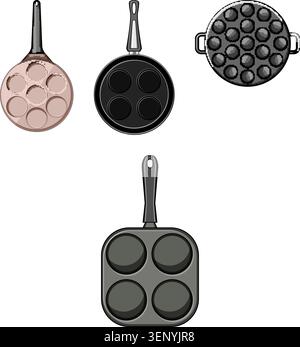 Collection of different kitchen utensils including round and square pans with multiple indentations, perfect for preparing individual pancakes, mini c Stock Vector