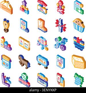 Set of isometric icons featuring diverse items like food, vehicles, documents, animals, and industrial symbols, illustrating a broad range of concepts Stock Vector