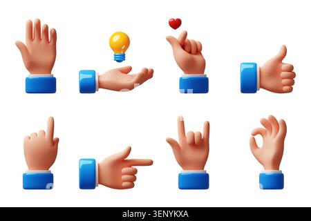 Cartoon 3d hands gestures. Various communication finger positions, body language, soft style human arms, expressive signs, like, ok, love and idea Stock Vector