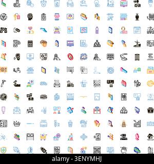 Large collection of diverse isometric and flat graphic icons depicting everyday concepts, objects, services, and digital interface elements, perfect f Stock Vector