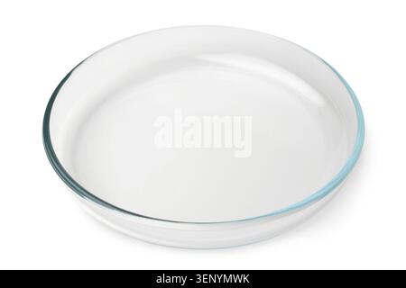 Round glass baking tray on white background Stock Photo